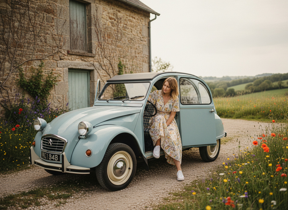 Jeune femme dans une 2CV restaurée en campagne