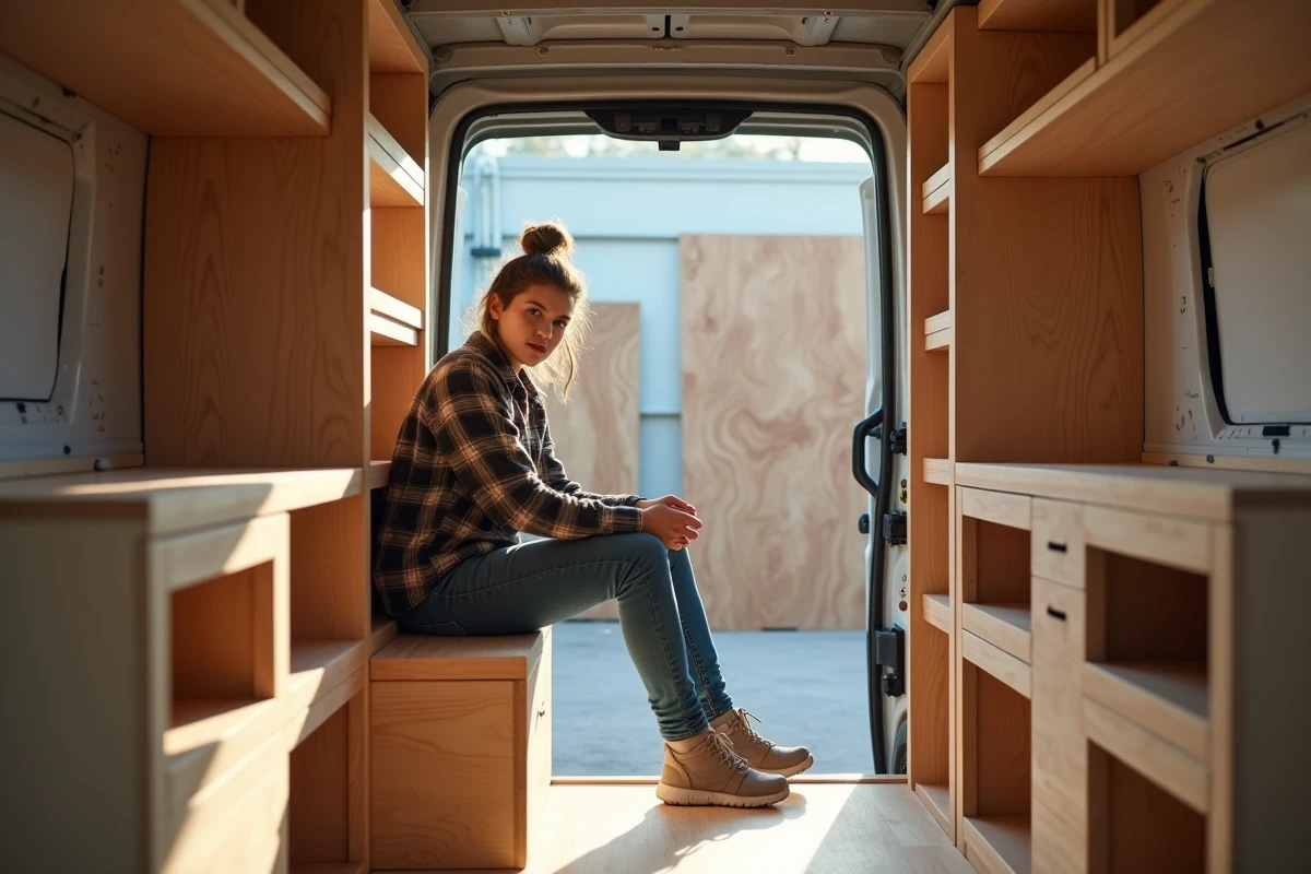 Jeune femme aménageant un van avec des meubles en bois
