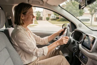 Femme adulte au volant d'une voiturette électrique moderne avec tableau de bord numérique