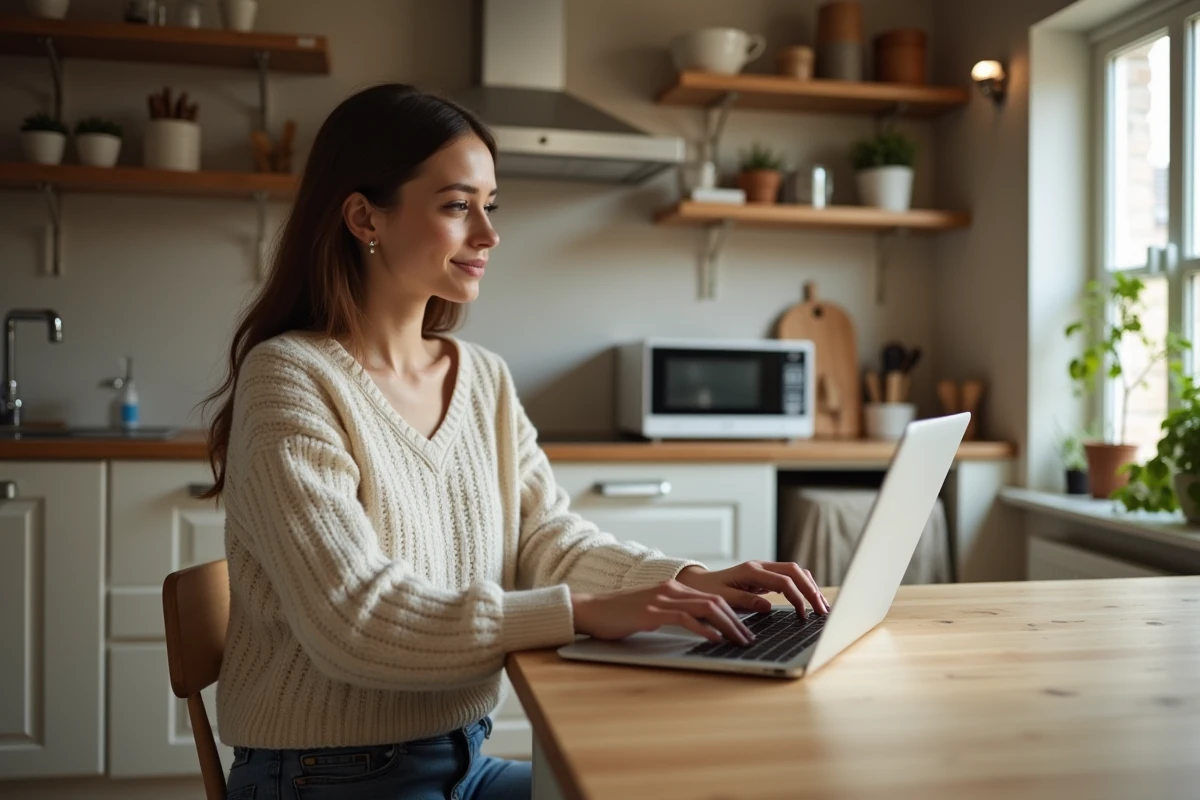 Jeune femme utilisant un ordinateur portable dans une cuisine chaleureuse