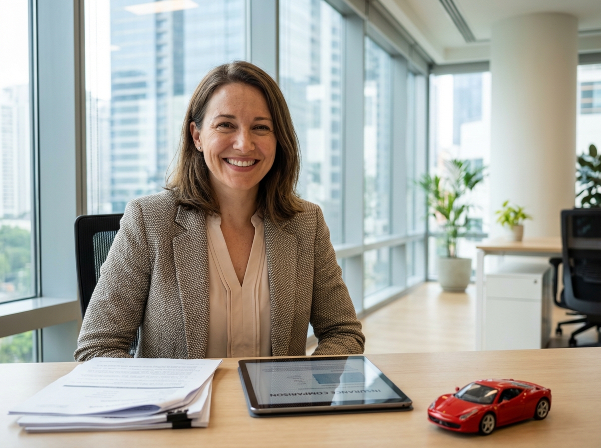Femme souriante au bureau avec modèle de voiture et tablette