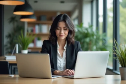 Femme en bureau comparant deux laptops avec concentration