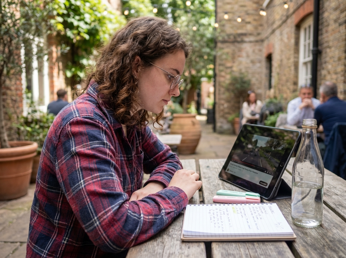 Jeune femme regardant une leçon en ligne dans un café