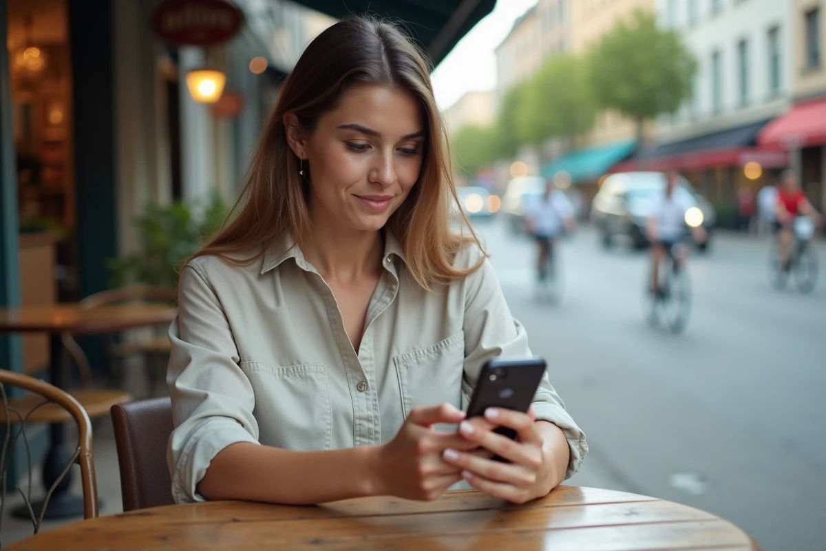 Jeune femme au cafe urbain regardant son smartphone