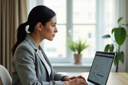 Femme consultant le prix de la carte grise en ligne sur un ordinateur portable dans un bureau à domicile moderne