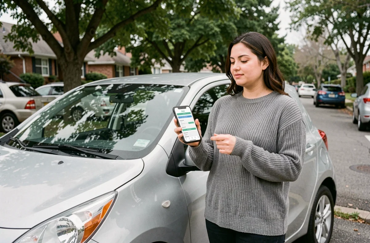 Femme comparant des offres d'assurance auto sur smartphone à côté de sa voiture