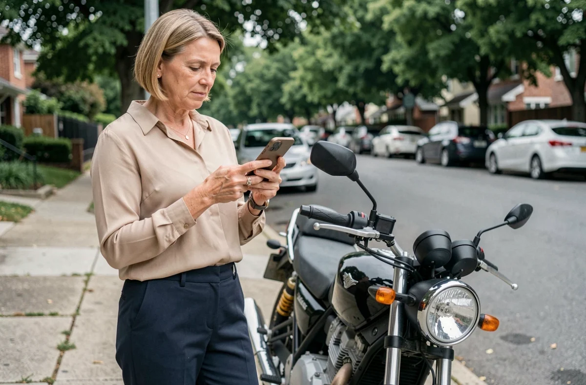 Femme recherchant une nouvelle assurance moto sur smartphone en bord de route pour changer de contrat