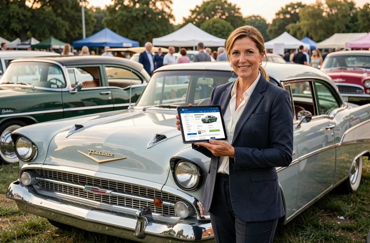 Femme comparant des assurances pour voiture ancienne sur tablette lors d'un salon de voitures de collection