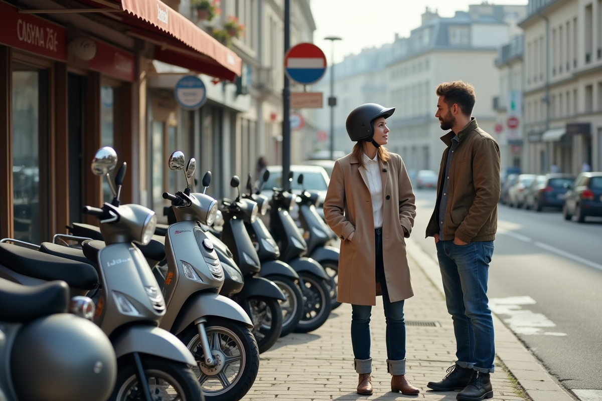 Femme discutant avec un vendeur près de mopeds en parking