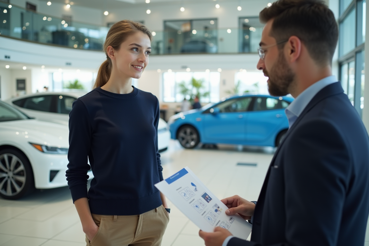 Femme discutant de coûts de batterie dans un showroom moderne