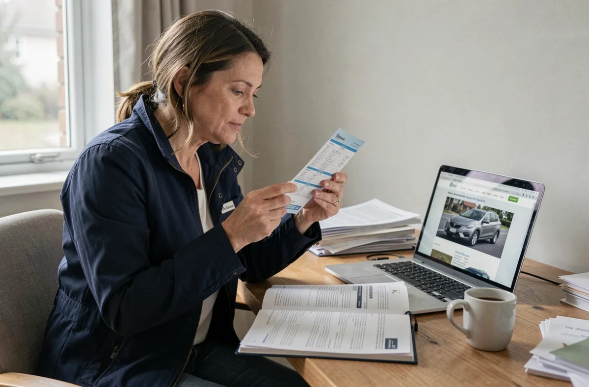 Femme consultant les documents du véhicule pour retrouver le code autoradio à partir du numéro VIN