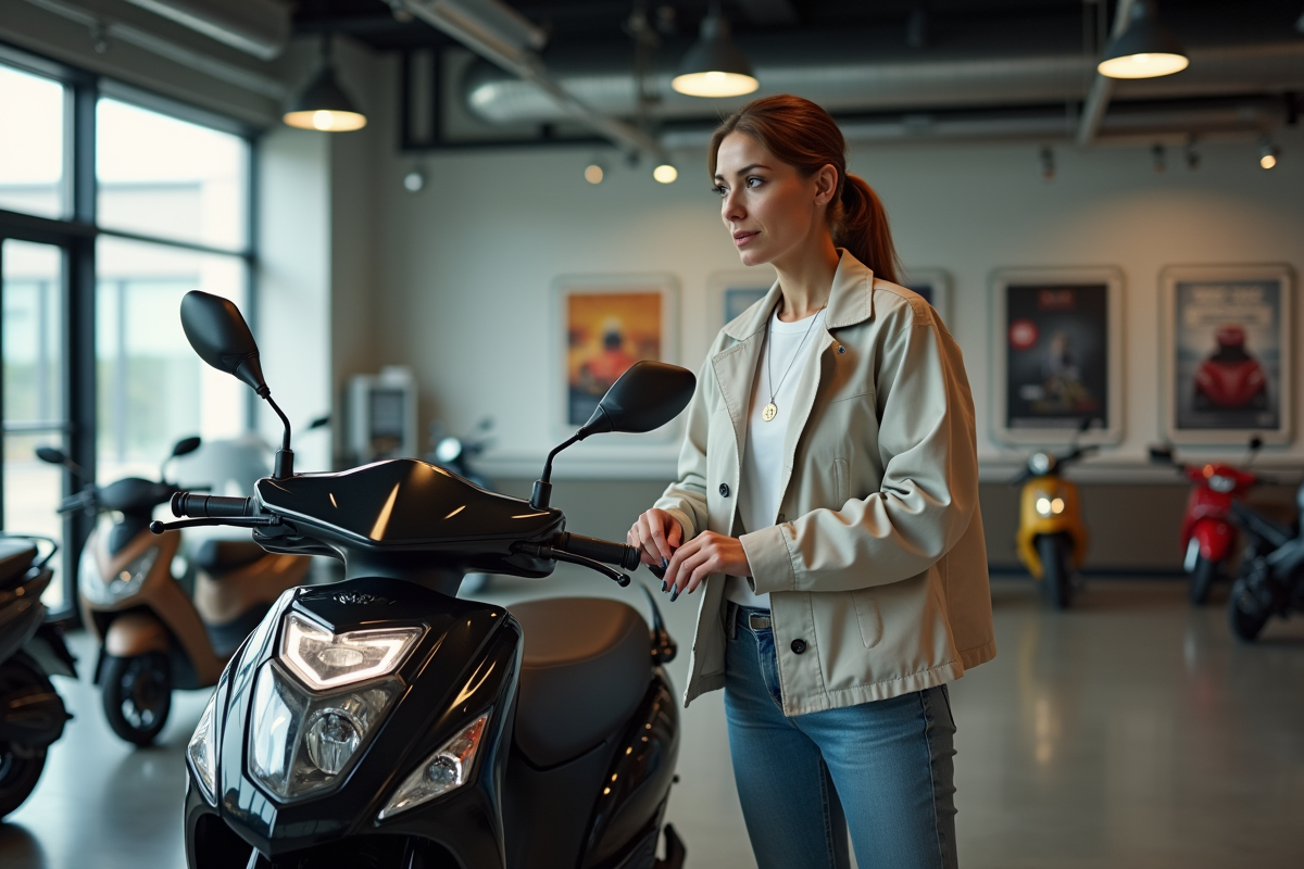 Femme examinant une moto dans un showroom lumineux