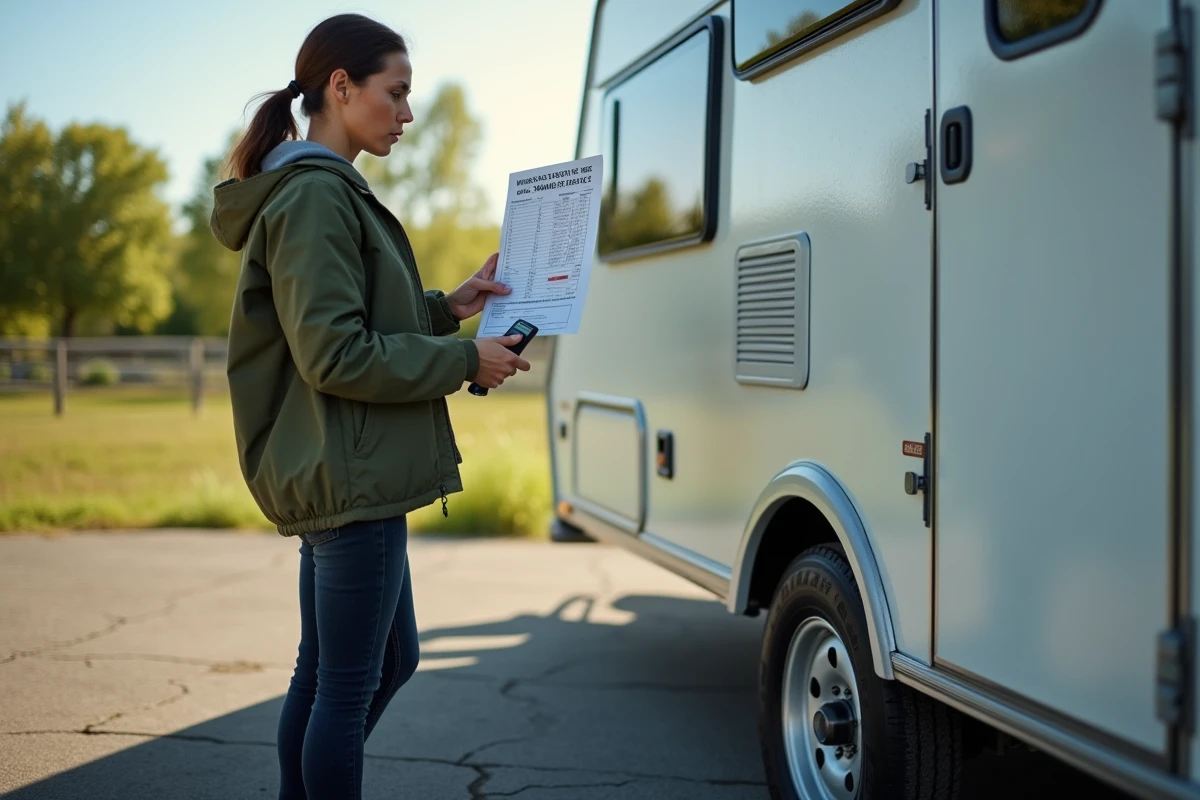 Femme consultant une fiche de pression de pneu devant une remorque de camping en plein air