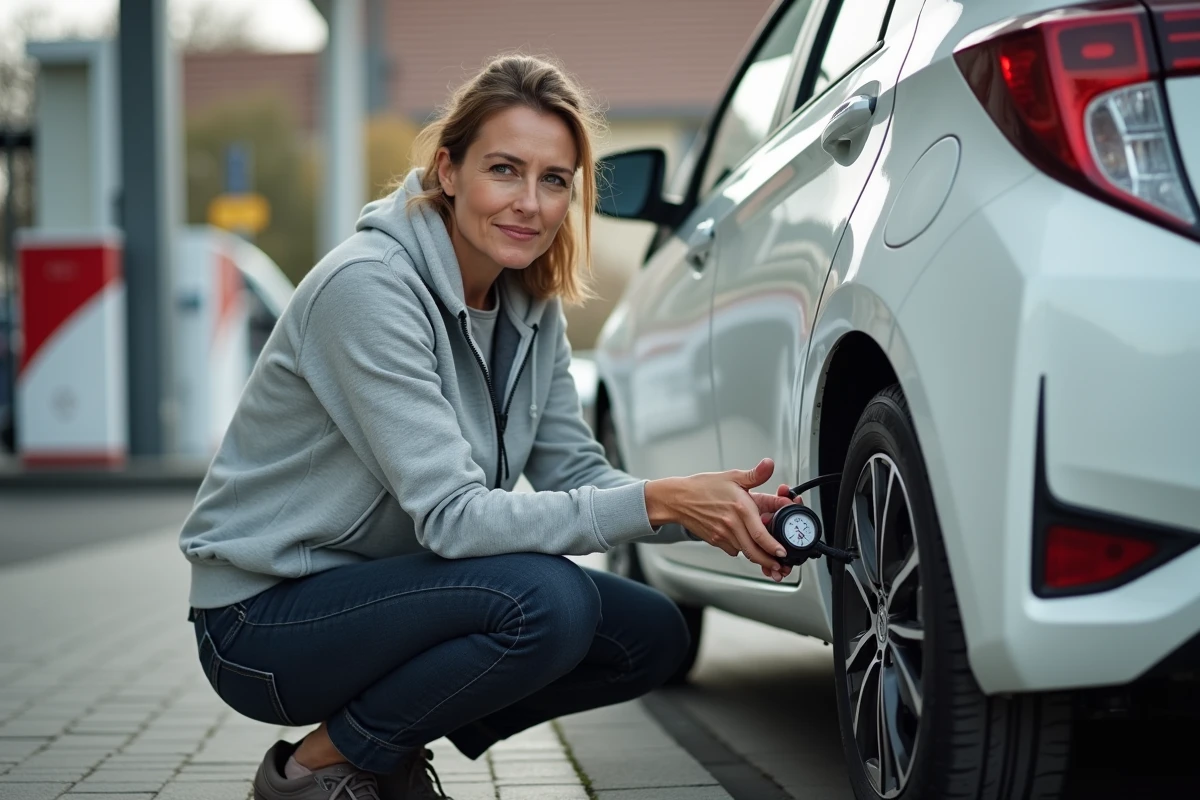 Femme vérifiant la pression d'un pneu de Toyota Yaris Hybride à la station-service avec un manomètre