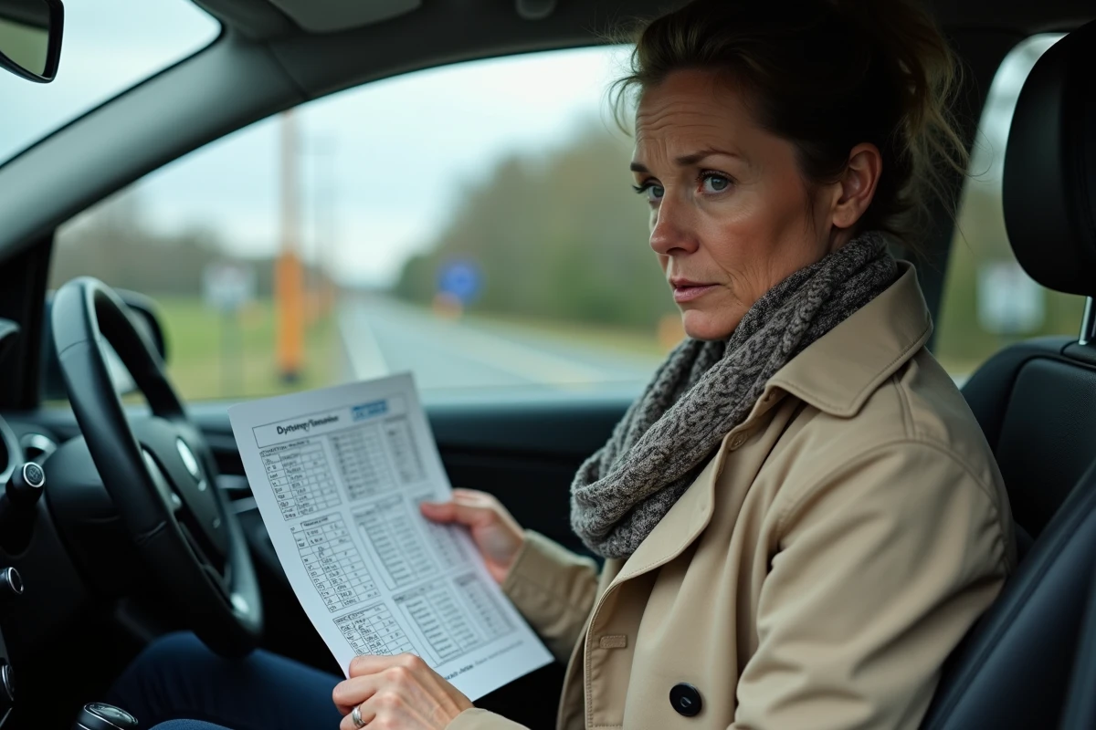 Femme dans la voiture consulte tableau de conversion