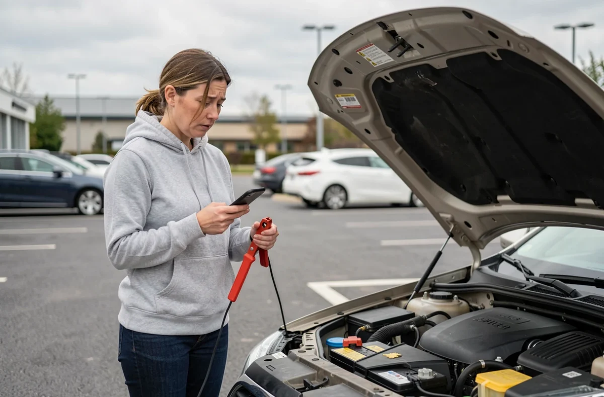 Femme consultant son téléphone pour débrancher correctement la batterie de sa voiture dans un parking urbain
