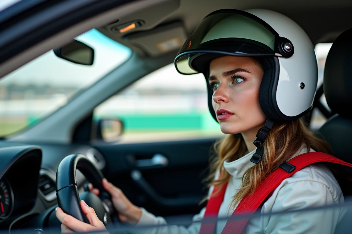 Femme débutante assise dans le cockpit d'une voiture de piste avec casque blanc et harnais rouge avant son premier stage de pilotage