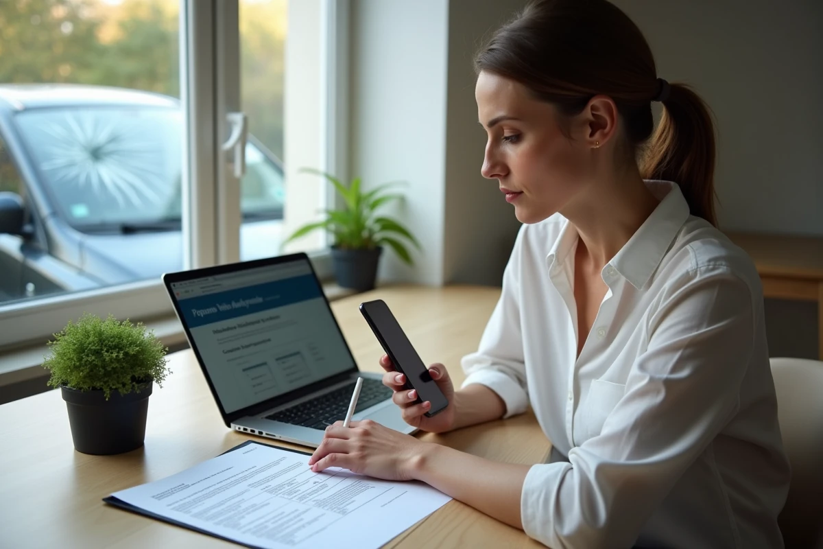 Femme remplissant un dossier de prise en charge assurance bris de glace en ligne depuis son domicile