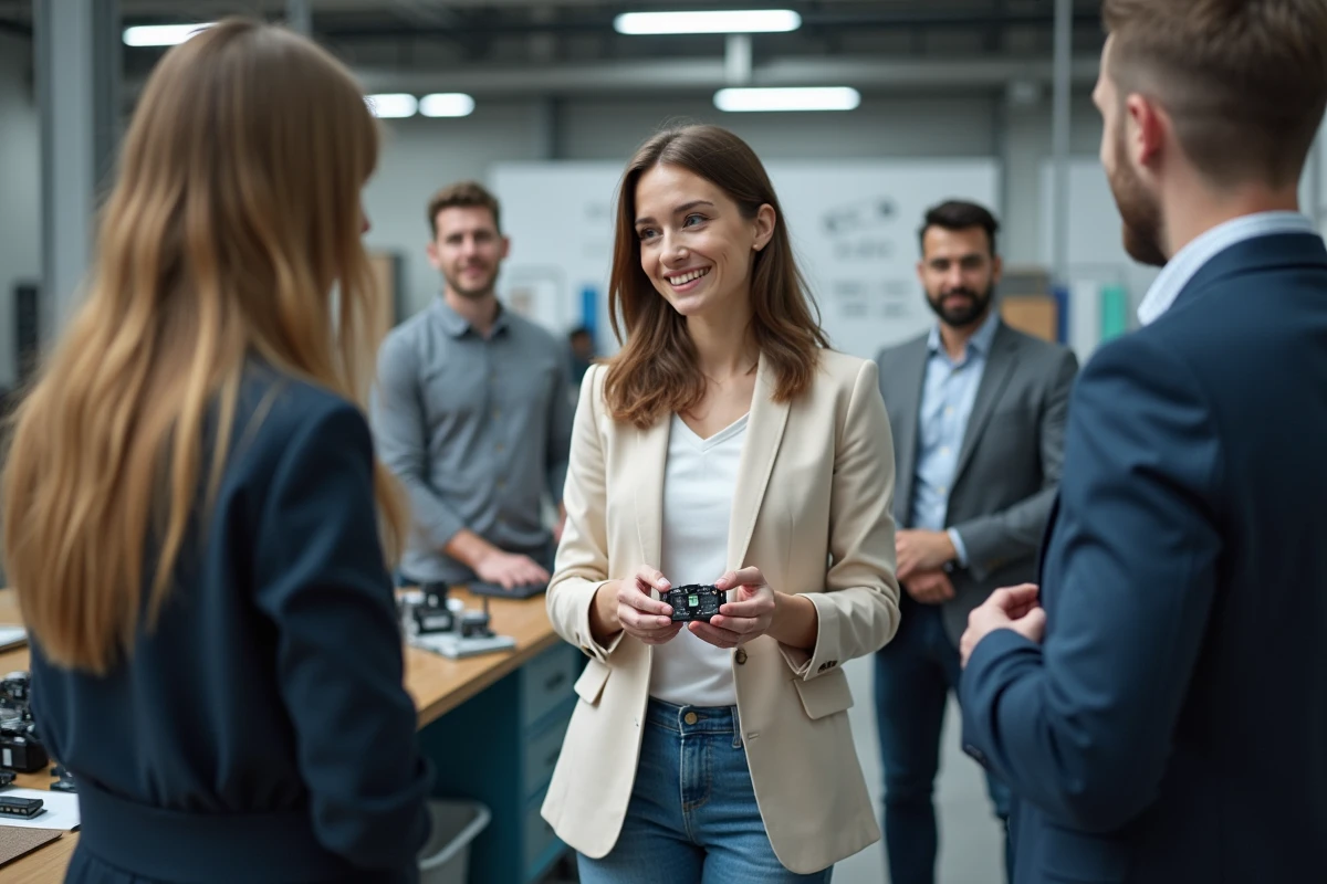 Jeune femme expliquant un composant M12 à ses collègues