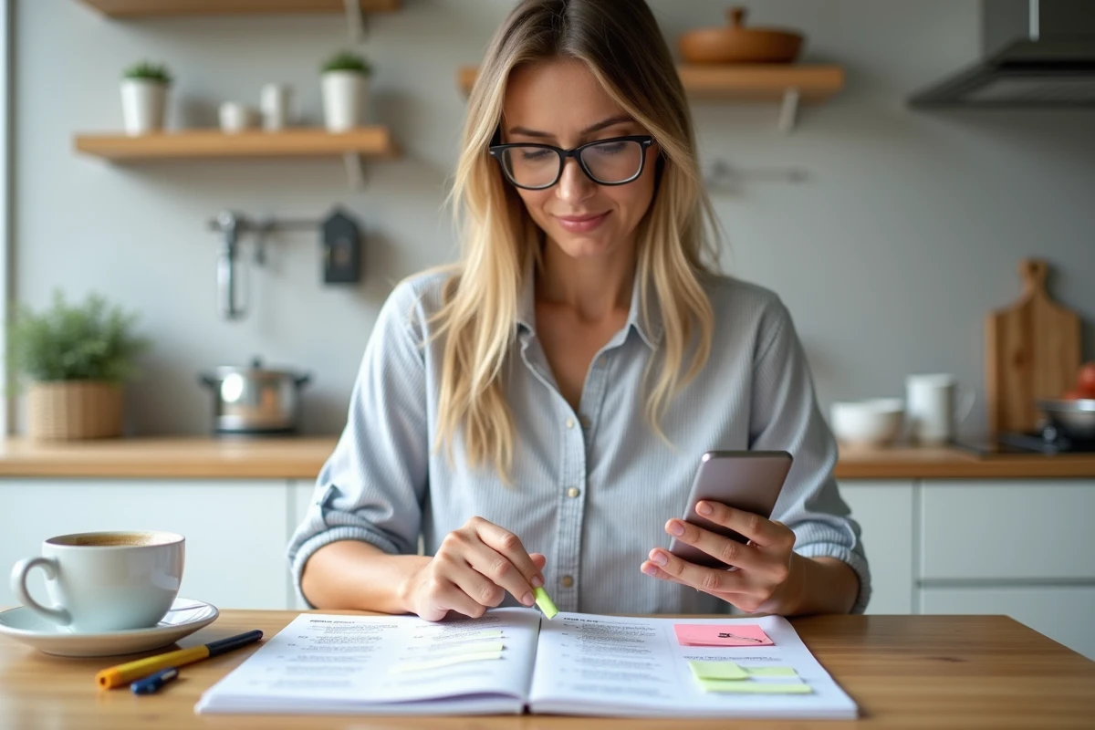 Femme adulte étudiant les questions du code de la route 2026 à partir d'un PDF imprimé et annoté dans une cuisine moderne avec smartphone