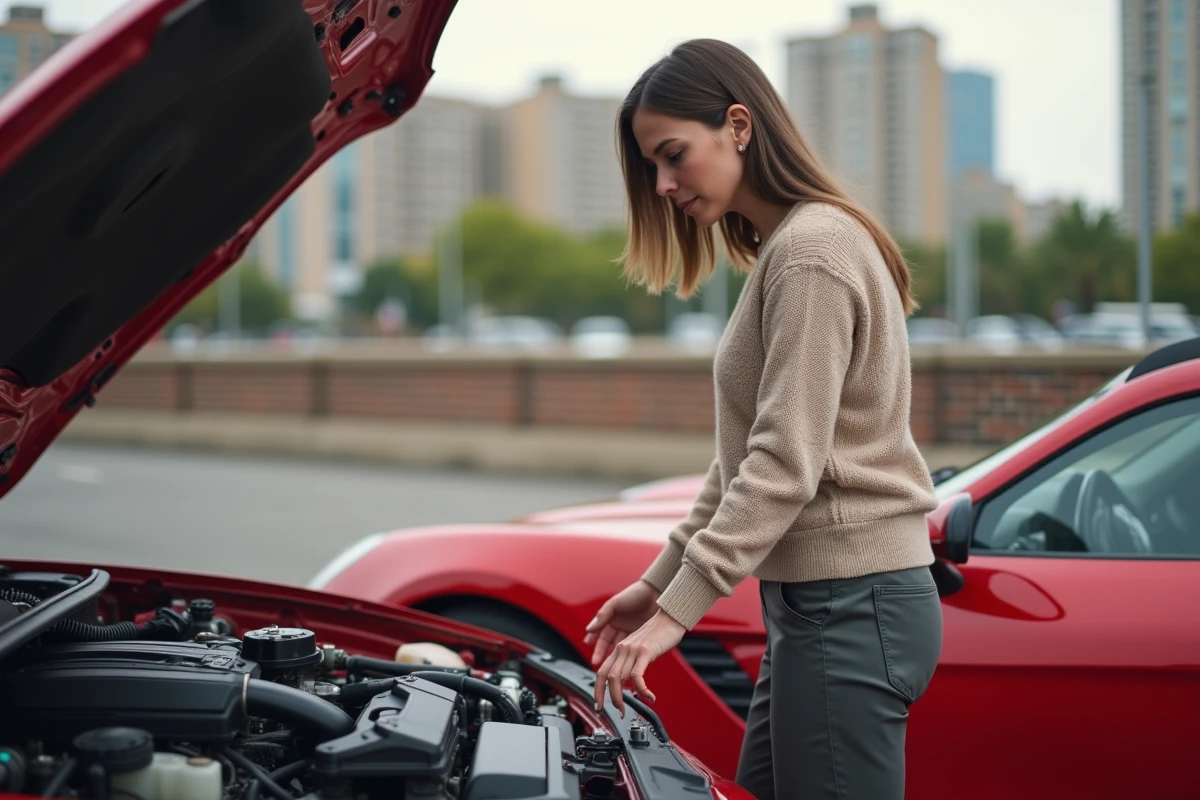 Femme inspectant le moteur d