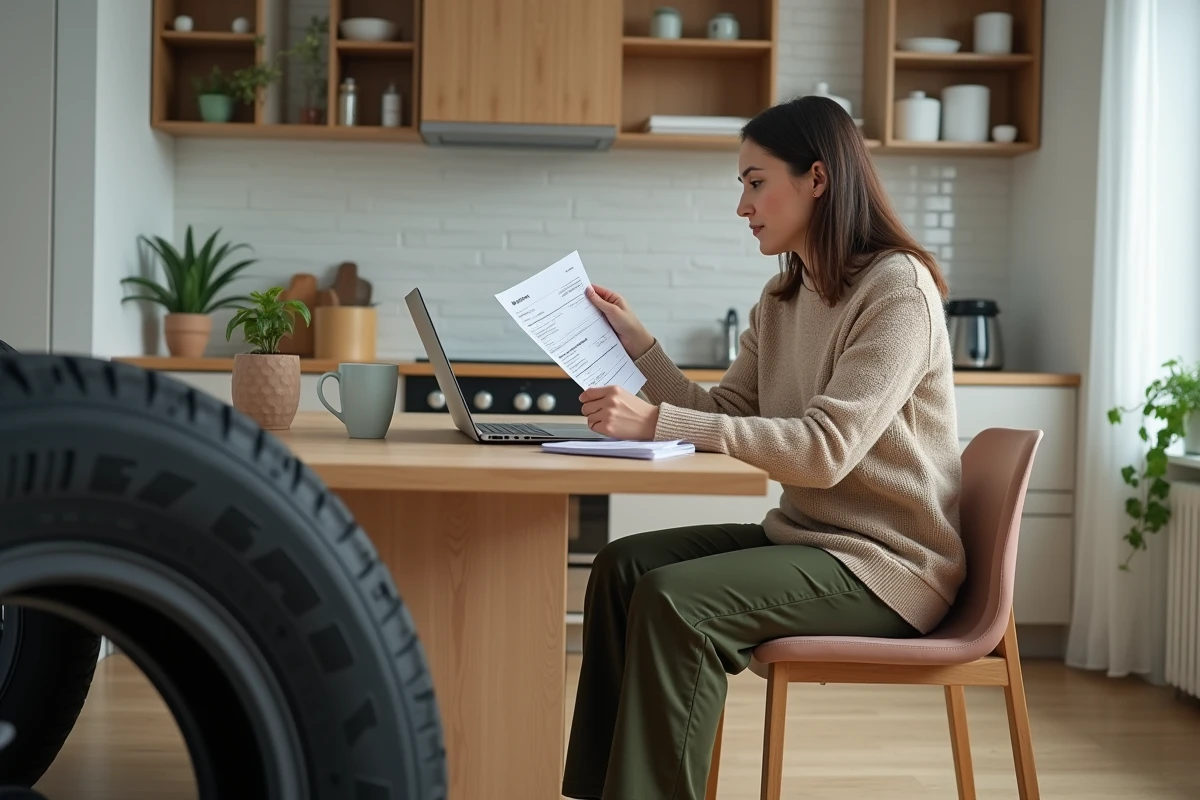 Femme vérifiant une facture avec un pneu dans la cuisine