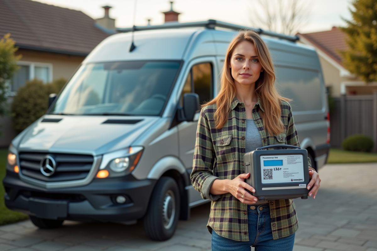 Jeune femme vérifie un kit LPG devant un van en extérieur