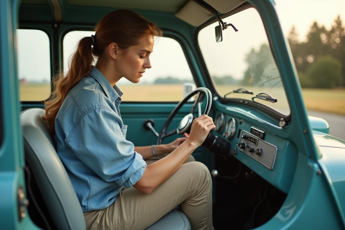 Jeune femme examinant le tableau de bord d