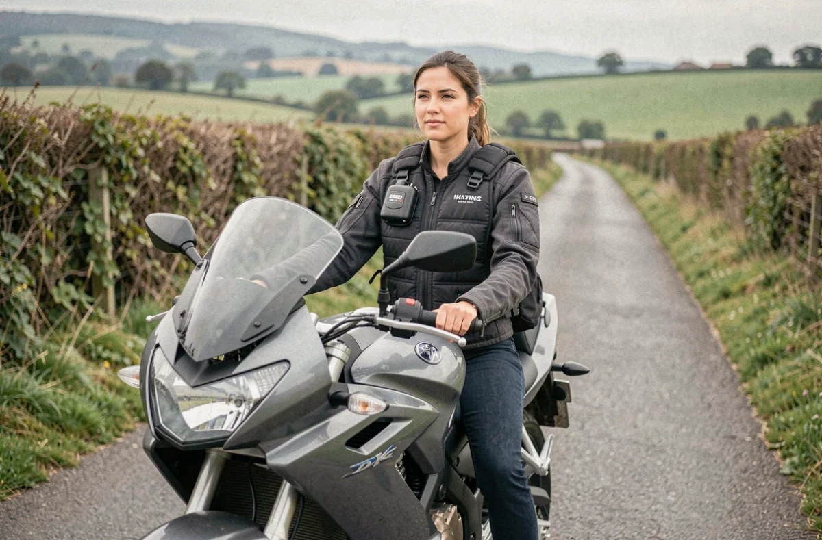 Femme motarde avec gilet airbag autonome sur route de campagne, portrait environnemental large
