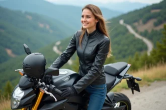 Jeune femme en moto devant paysage de montagne