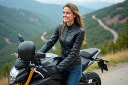 Jeune femme en moto devant paysage de montagne