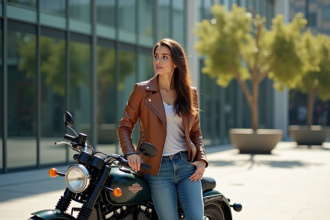 Femme en jean et cuir brun près d'une moto légendaire