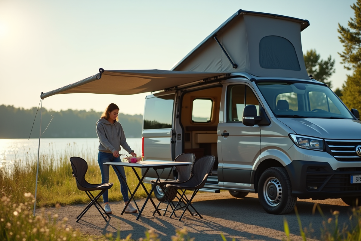 Femme prépare un pique-nique près d un van au bord du lac