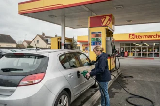 Femme faisant le plein d'essence à une station-service Intermarché avec affichage du prix du carburant