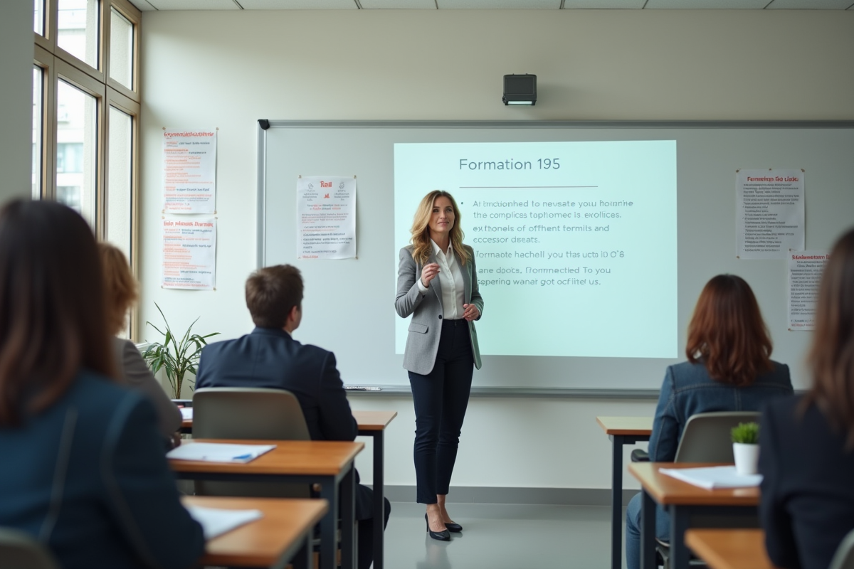 Femme en business casual expliquant la formation 125 devant un tableau