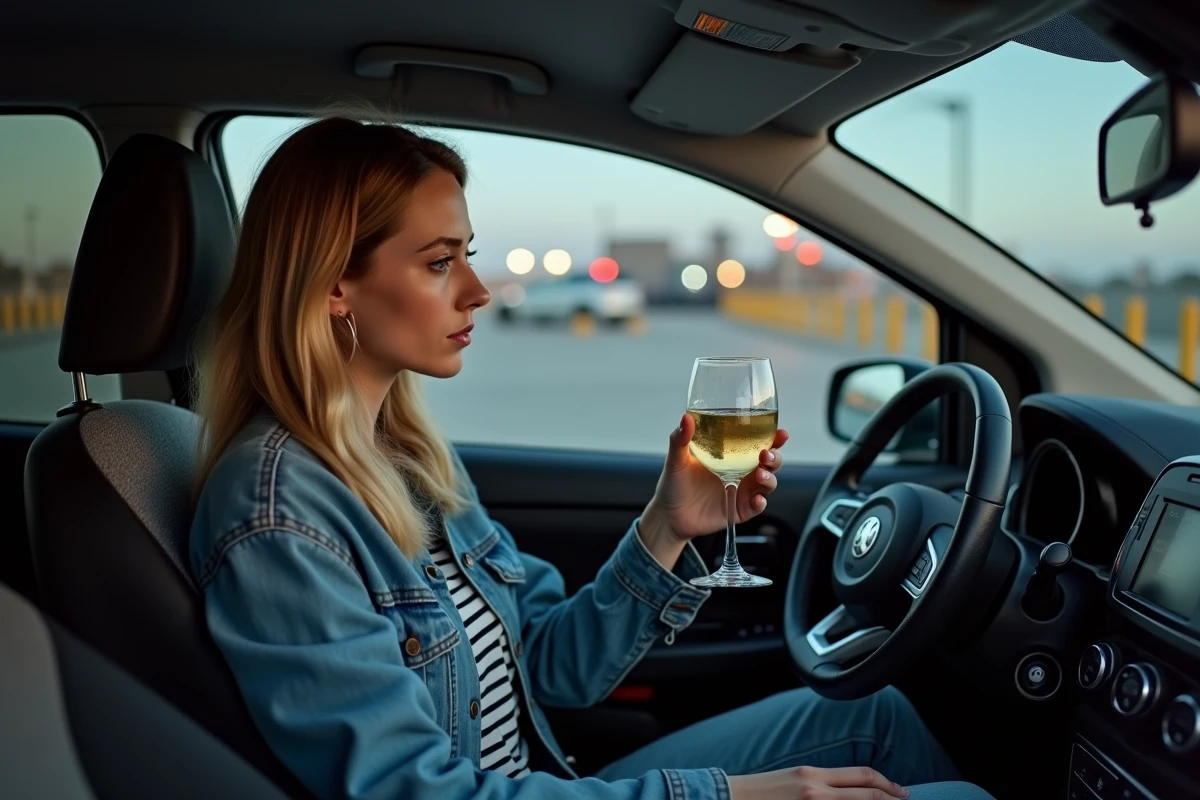 Jeune femme pense dans sa voiture en ville