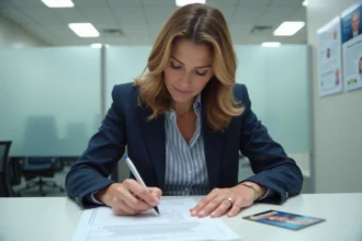 Femme d'âge moyen remplissant un formulaire de permis de conduire