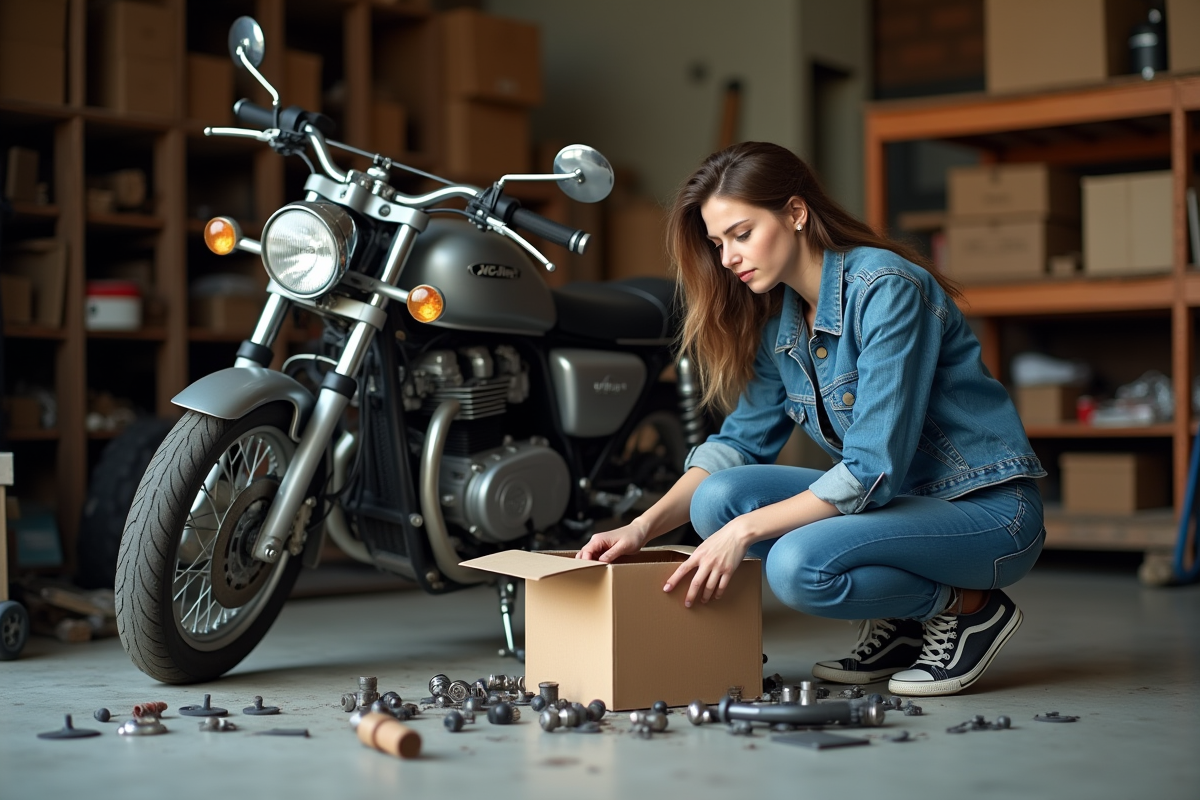 Jeune femme réparant une moto endommagée dans un atelier