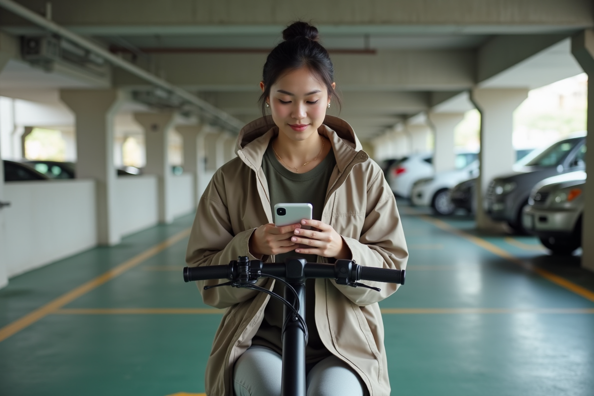 Jeune femme lisant des conseils de batterie sur son smartphone dans un parking