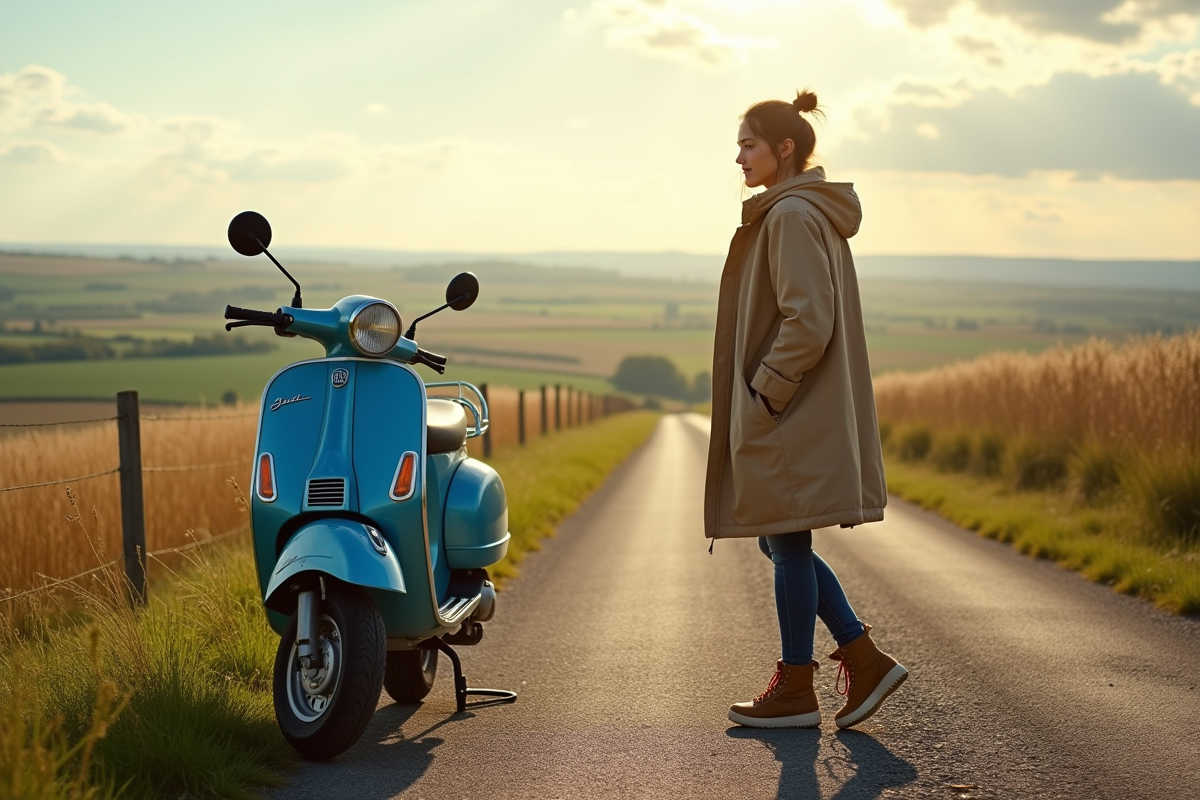 Jeune femme regardant son scooter dans un paysage rural ensoleille