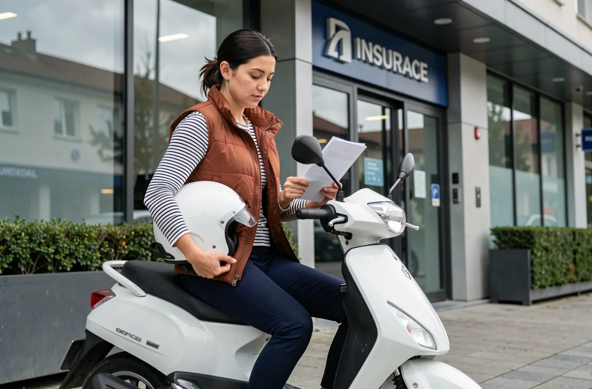 Femme assise sur son scooter blanc devant une agence d'assurance tenant un document de contrat mensuel