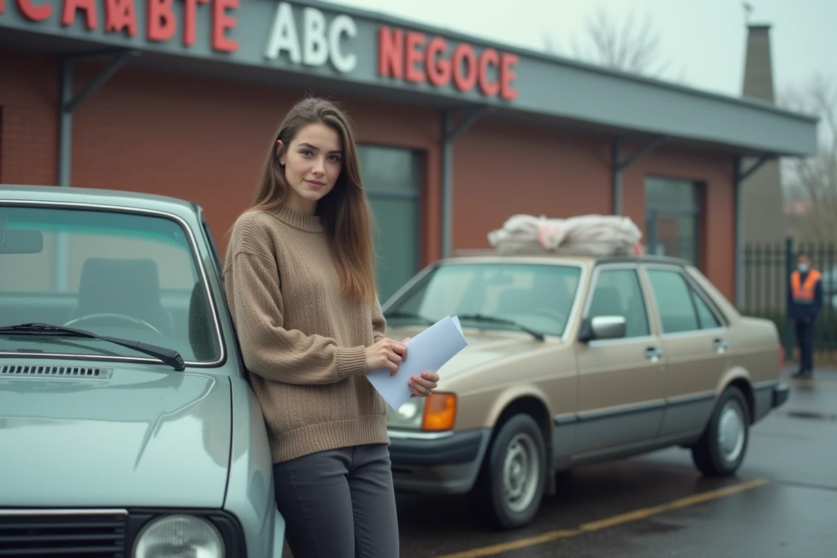 Jeune femme signant des papiers sur une voiture dans un parking