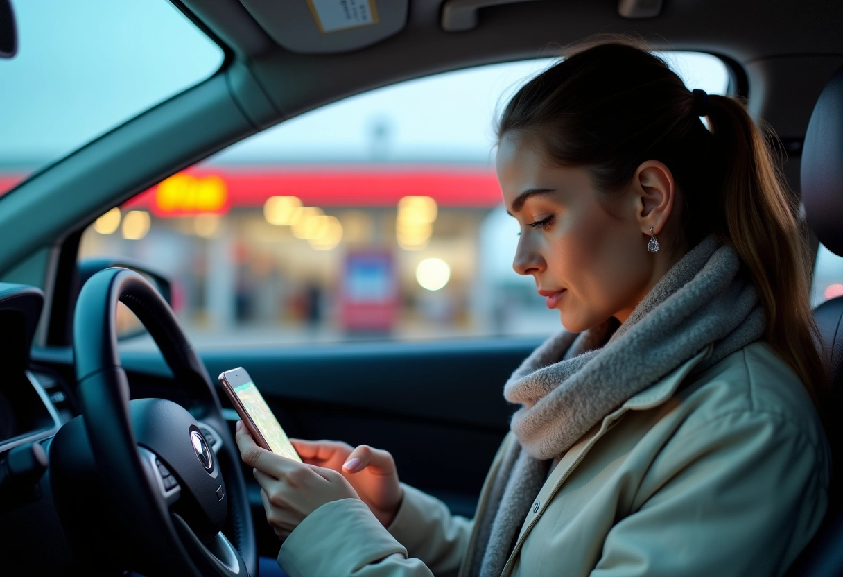 Jeune femme utilisant son smartphone pour consulter les prix du carburant dans la voiture