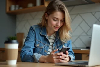 Jeune femme vérifiant notification sur smartphone dans cuisine