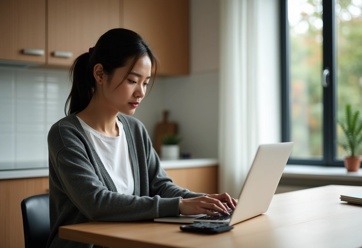 Femme travaillant sur un ordinateur dans une cuisine moderne