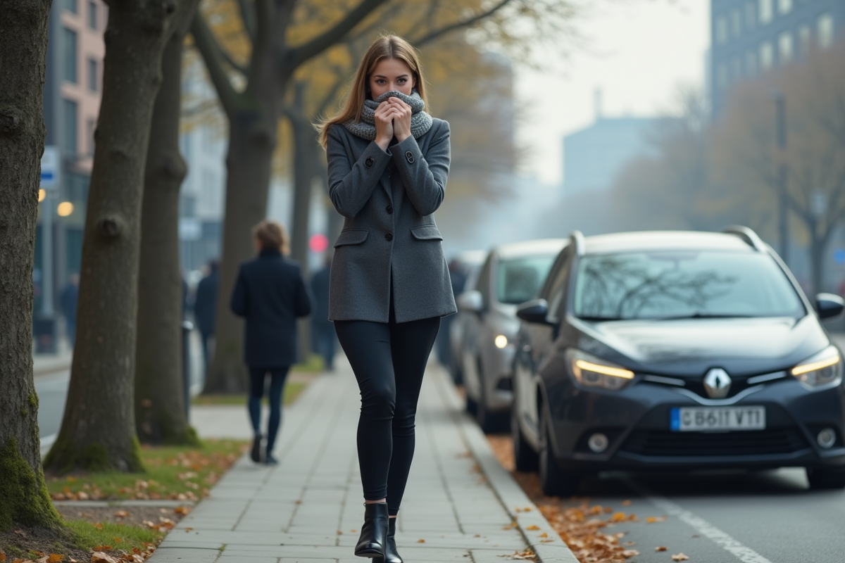 Jeune femme en costume sur le trottoir avec émission de camion
