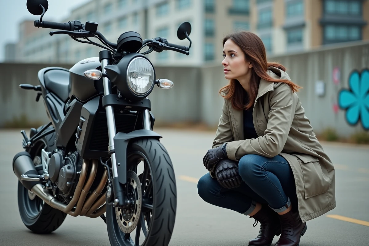 Jeune femme compare deux motos en ville