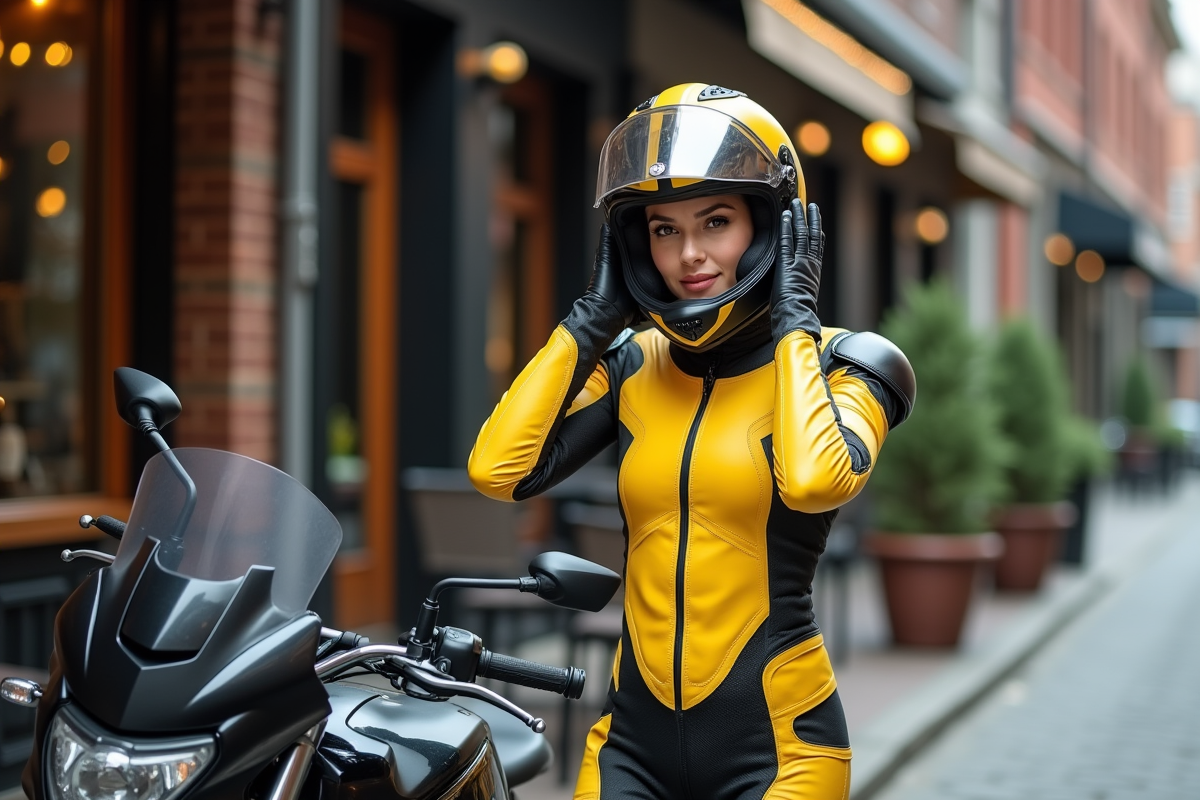 Femme en équipement moto ajustant son casque près d une moto urbaine