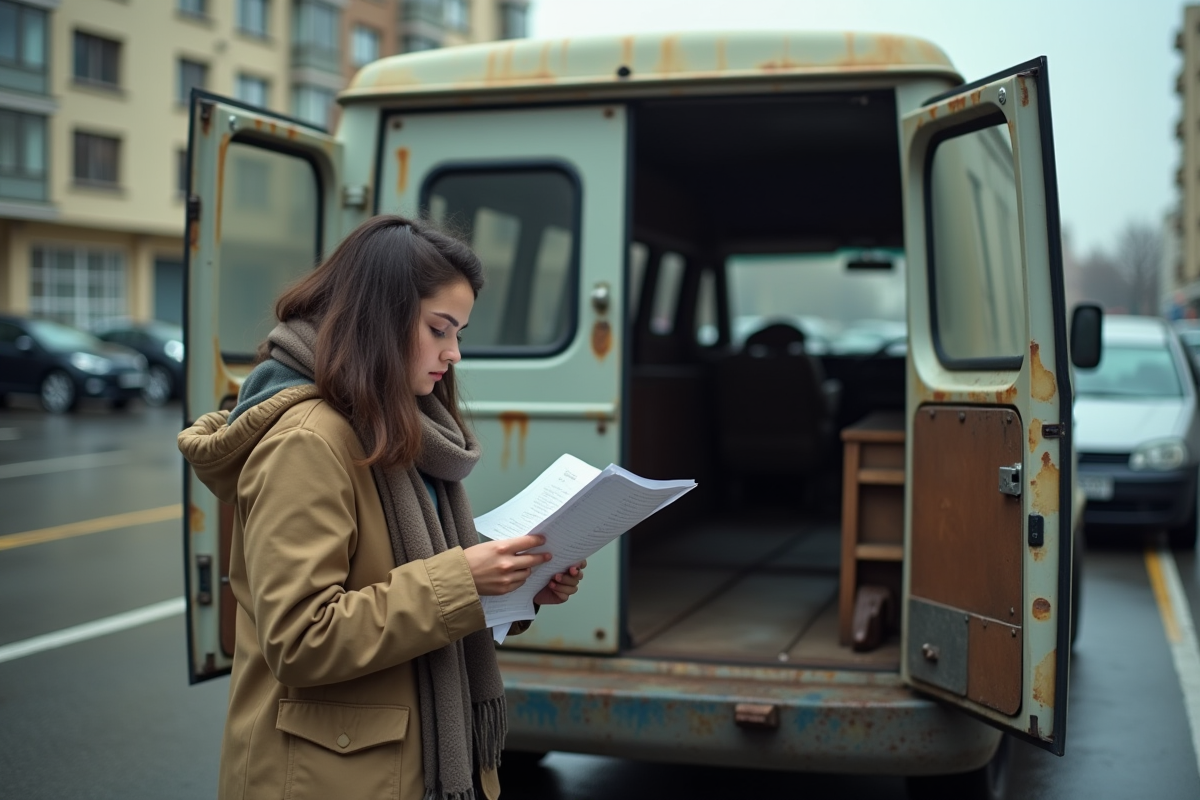 Jeune femme examinant des papiers de van en ville