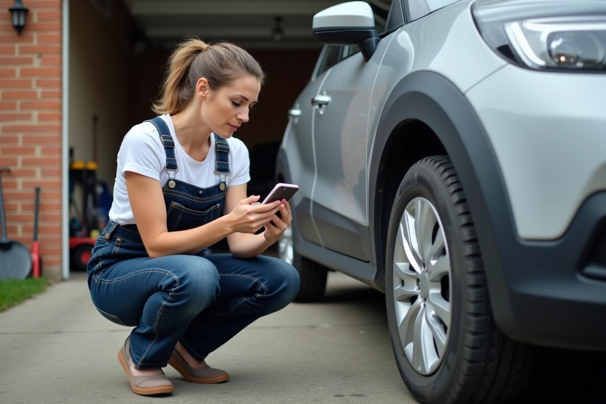 Femme vérifiant les dimensions de pneu de sa voiture avec un smartphone affichant un site auto